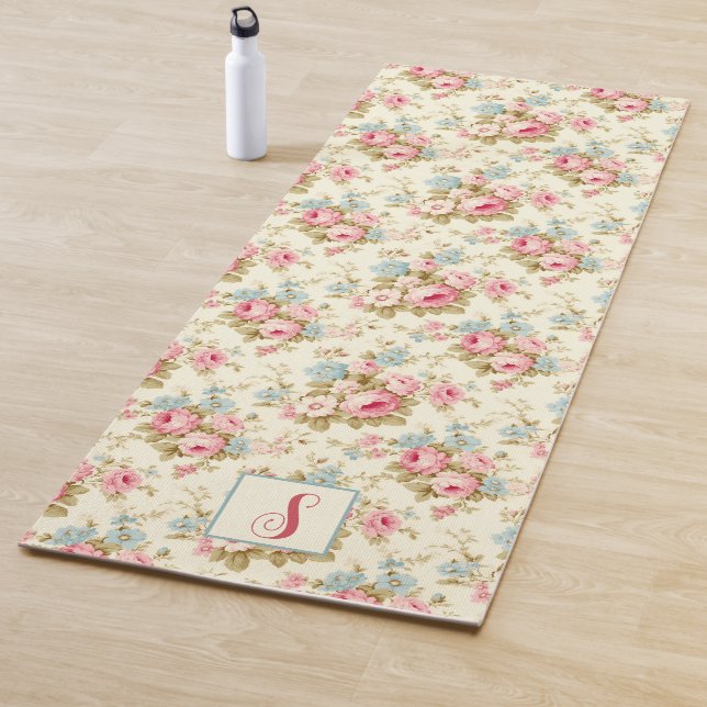 Romantic Pink English Roses on Yellow w/Monogram Yoga Mat (In Situ)