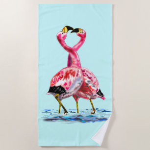 Romantic Pink Flamingos Love Dance - Painting  Beach Towel