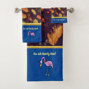 Romantic Pink Flamingos with autumn leaves blue Bath Towel Set