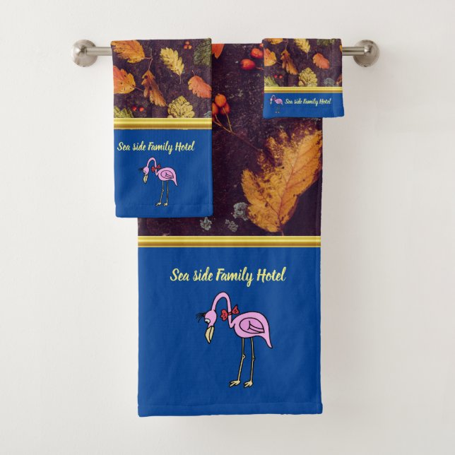 Romantic Pink Flamingos with autumn leaves blue Bath Towel Set (Insitu)