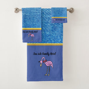 Romantic Pink Flamingos with denim texture .blue Bath Towel Set