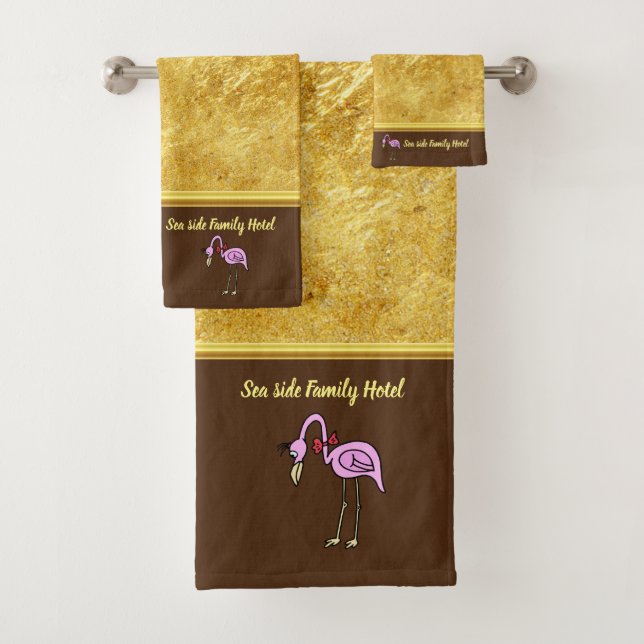 Romantic Pink Flamingos with gold foil brown Bath Towel Set (Insitu)