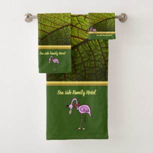 Romantic Pink Flamingos with gold foil leaf green Bath Towel Set