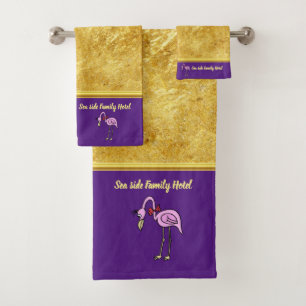 Romantic Pink Flamingos with gold foil purple Bath Towel Set