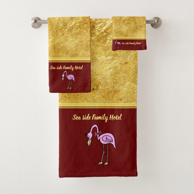 Romantic Pink Flamingos with gold foil red Bath Towel Set (Insitu)