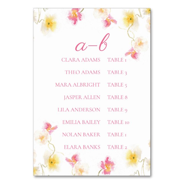 Romantic Pink Floral Alphabet Seating Chart Card (Front)