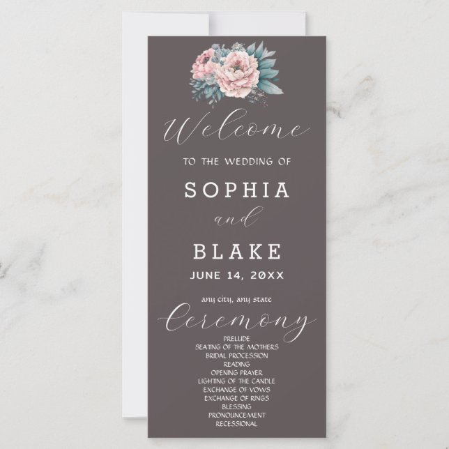 Romantic Pink Floral Ash Grey Wedding Program (Front)