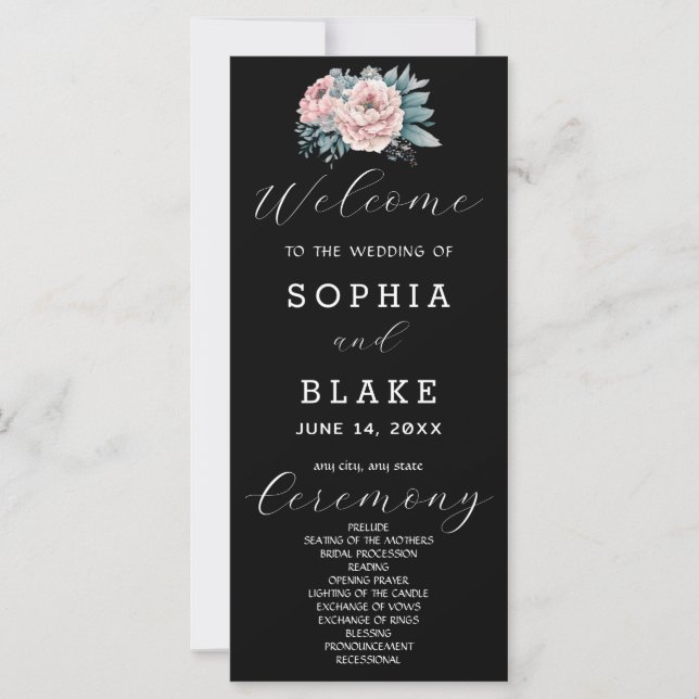 Romantic Pink Floral Black Wedding Program (Front)