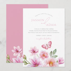 Romantic Pink Floral Butterfly Wedding Invitation