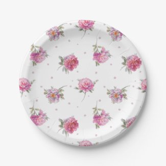 Romantic Pink Floral Dot Watercolor Pattern Paper Plate