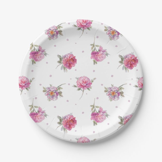 Romantic Pink Floral Dot Watercolor Pattern Paper Plate (Front)
