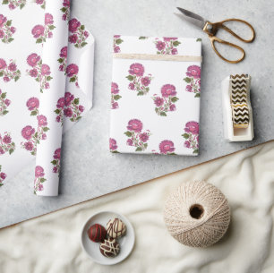 Romantic Pink Floral Folk Art Gift Wrapping Paper