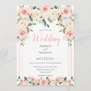 Romantic Pink Floral Greenery Typography Wedding Invitation