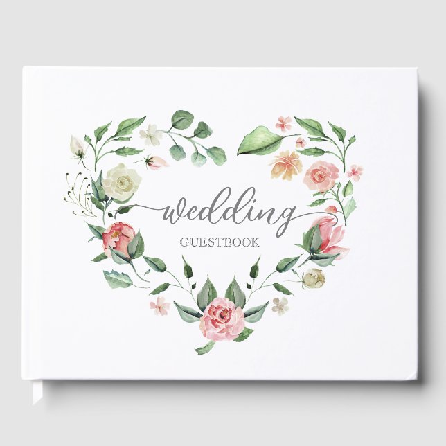 Romantic Pink Floral Heart Wedding Guest Book (Front)