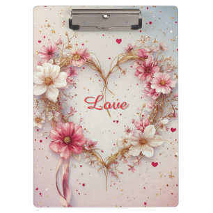 Romantic Pink Floral Heart Wreath Clipboard