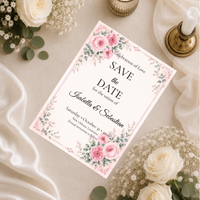 Romantic Pink Floral Save The Date (Creator Uploaded)