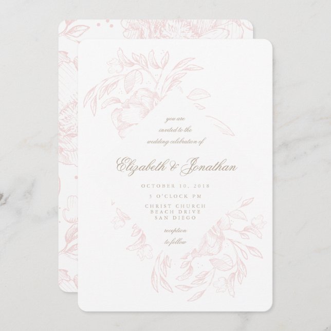 Romantic Pink Floral Sketch Wedding Invitation (Front/Back)