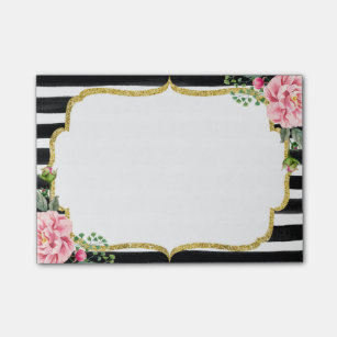 Romantic Pink Floral Watercolor Stripes Gold Frame Post-it Notes