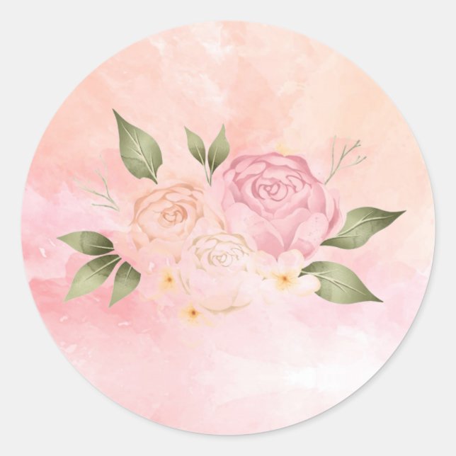 Romantic Pink Floral Watercolor Wedding Classic Round Sticker (Front)