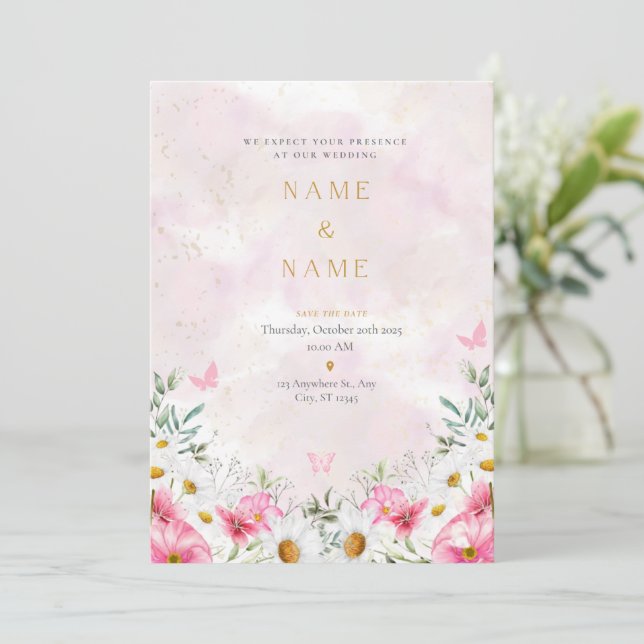 Romantic pink&Floral watercolor wedding invitation (Standing Front)