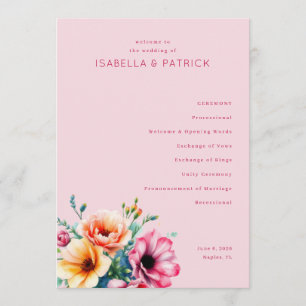 Romantic Pink Floral Wedding Ceremony Program