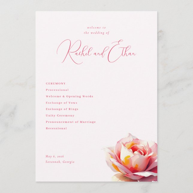Romantic Pink Floral Wedding Program (Front)