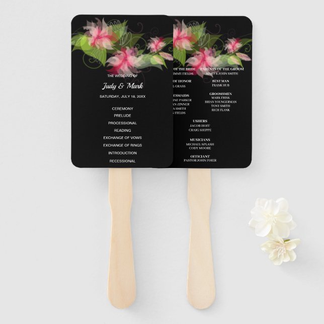 Romantic Pink Floral Wedding Program Hand Fan (Front and Back)