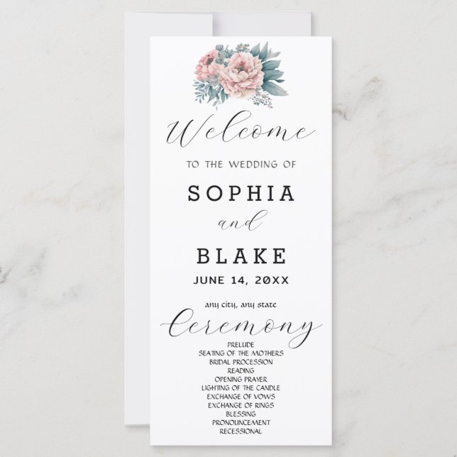 Romantic Pink Floral White Wedding Program (Front)