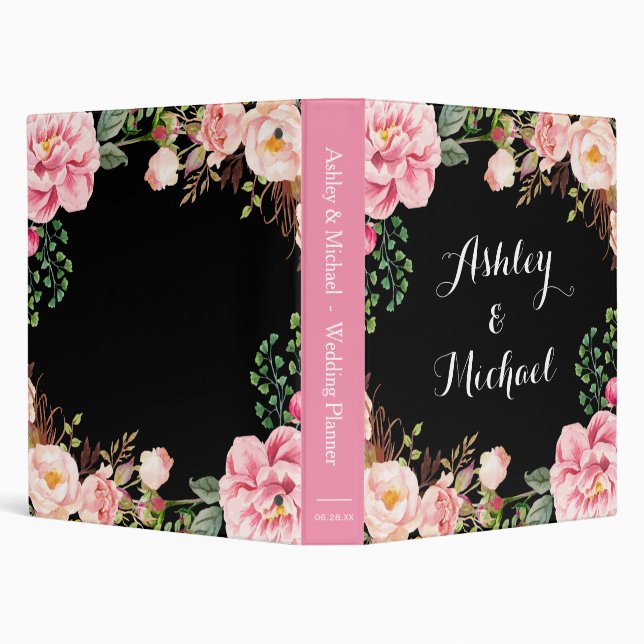 Romantic Pink Floral Wreath Wedding Planner Binder (Background)