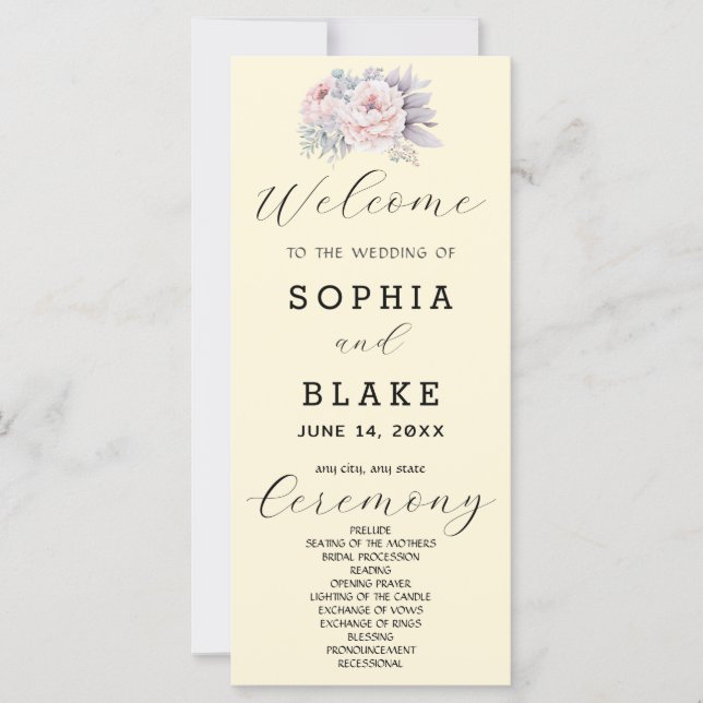 Romantic Pink Floral Yellow Wedding Program (Front)