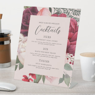 Romantic Pink Florals Bridal Bouquet Bar Menu Pedestal Sign