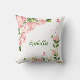 Romantic pink flowers butterflies throw pillow