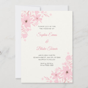 Romantic Pink Flowers Floral White Cream Wedding Invitation