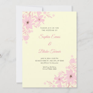 Romantic Pink Flowers Floral Yellow Wedding Invitation