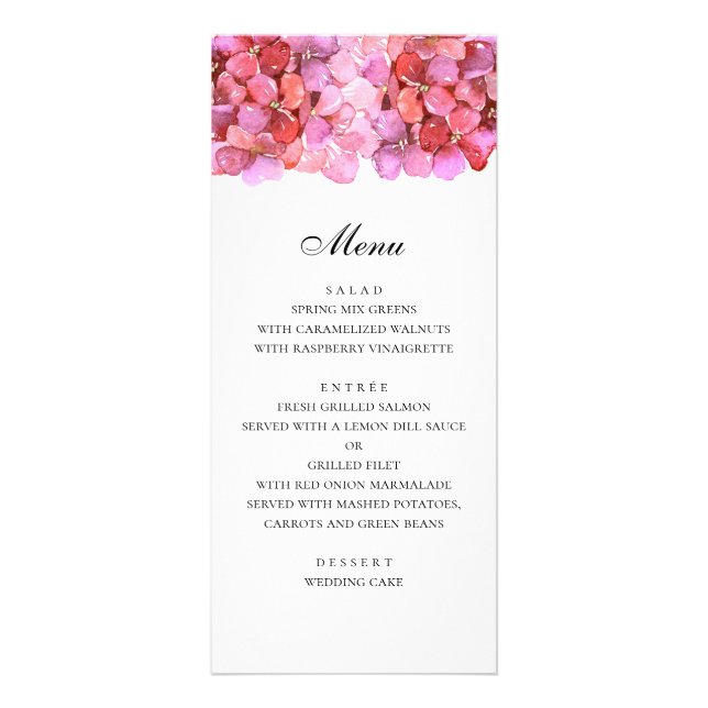 Romantic pink flowers. Fuchsia wedding dinner menu (Front)