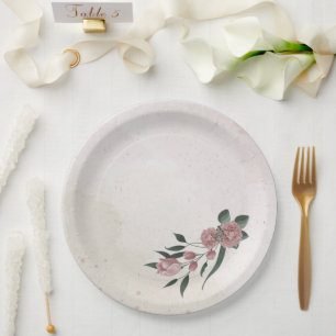  romantic pink flowers green leaves paper plate
