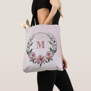 Romantic pink flowers & green leaves tote bag