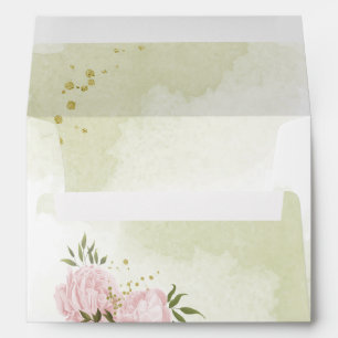 Romantic pink flowers green leaves wedding envelope
