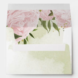 Romantic pink flowers green leaves wedding envelope