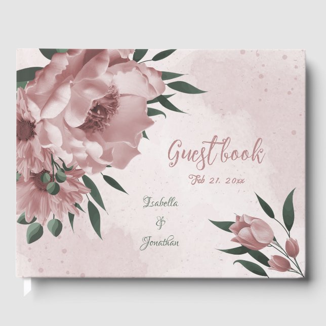 romantic pink flowers & green leaves wedding guest book (Front)