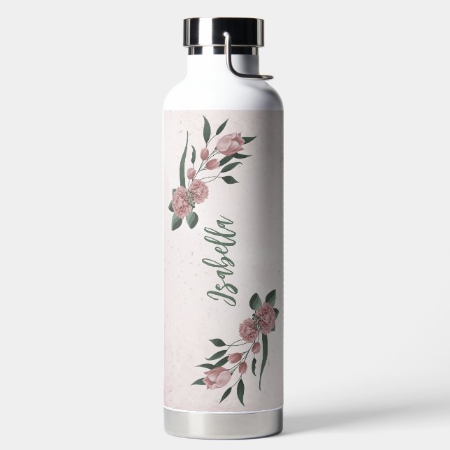 romantic pink flowers greenery water bottle (Left)