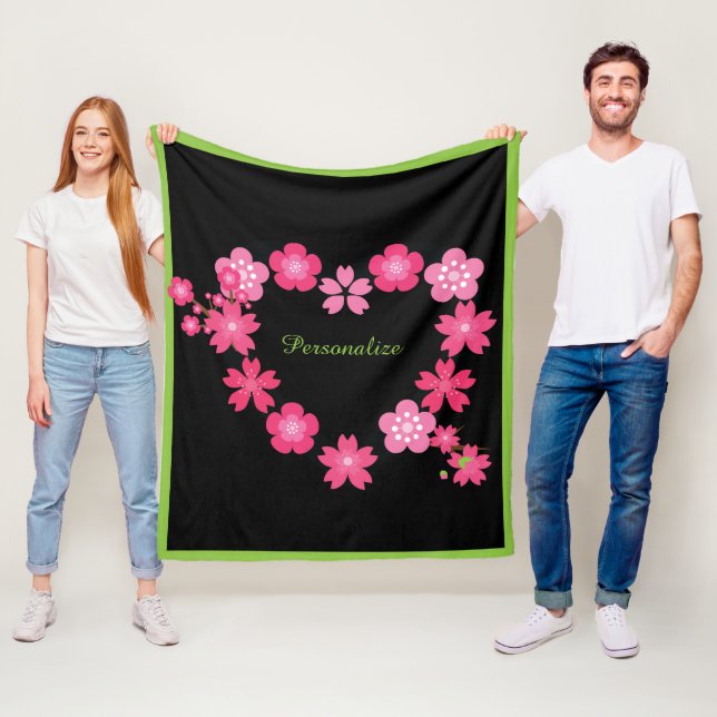 Romantic Pink Flowers Heart Shape Personalize Fleece Blanket (In Situ)