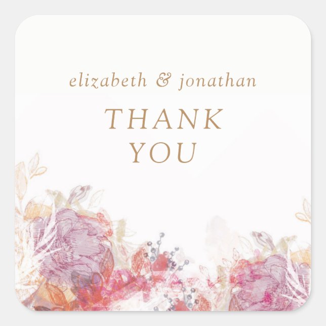 Romantic Pink Flowers Thank You Wedding Sticker (Front)