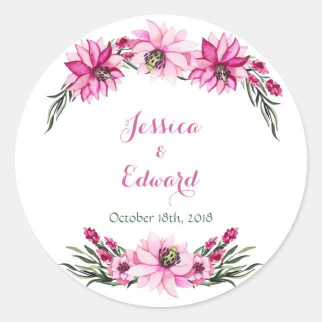 Romantic Pink Flowers Watercolor Wedding Classic Round Sticker (Front)