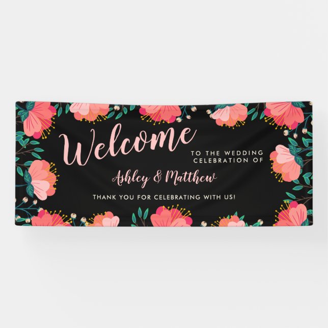 Romantic Pink Flowers Wedding Welcome Banner (Horizontal)