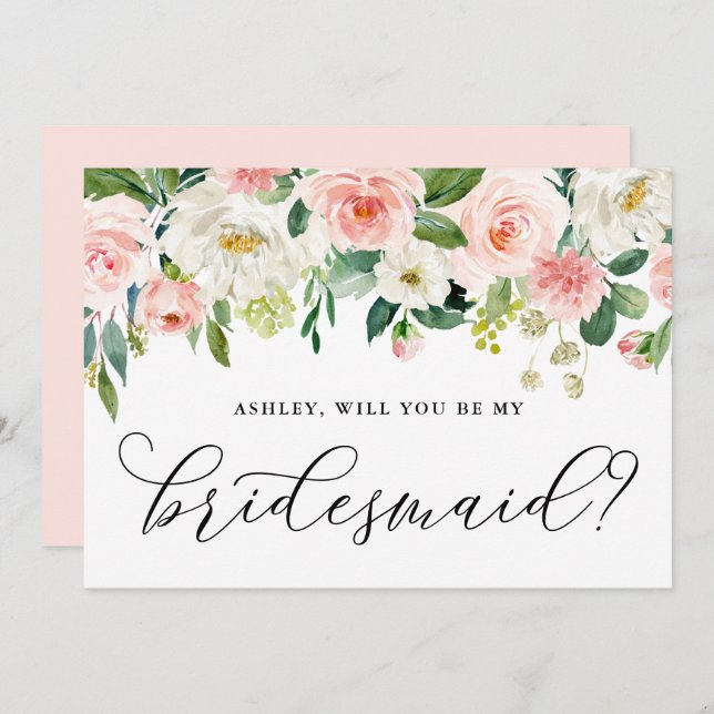 Romantic Pink Flowers Will You Be My Bridesmaid Invitation (Front/Back)