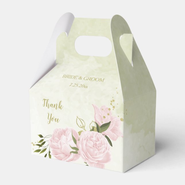 romantic pink flowers with green leaves wedding favor box (Front Side)