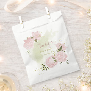romantic pink flowers with green leaves wedding favour bag