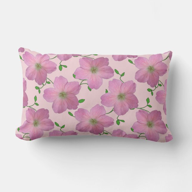 Romantic Pink Geranium Flower on any Colour Lumbar Pillow (Front)