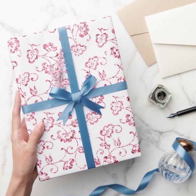 Romantic Pink Glitter Floral  Wrapping Paper (Gifting)